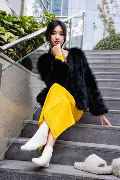 足愉心 NO.010 星朵（搭配：黑色毛衫、黄色连衣裙、绒毛拖鞋、白色棉袜、裸足）[110P/2V/13.6GB] - 4